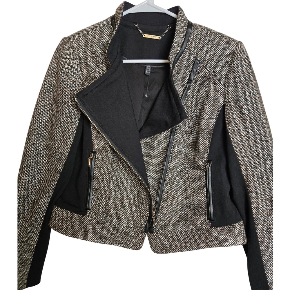 White House Black Market Tweed Moto Jacket Black White Gold Metallic 12P Petite